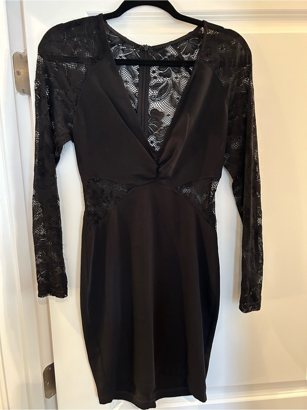by the way. Black Long-Sleeve Lace Inset V-Neck Bodycon Dress